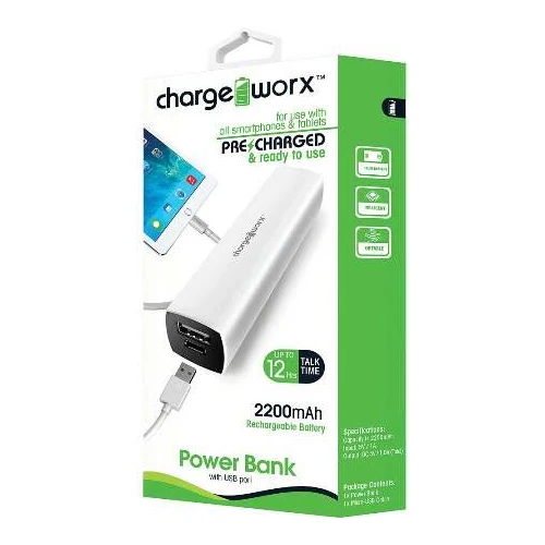 Chargeworx CX6506WH Premium 2000mAh Power Bank with USB Port, White