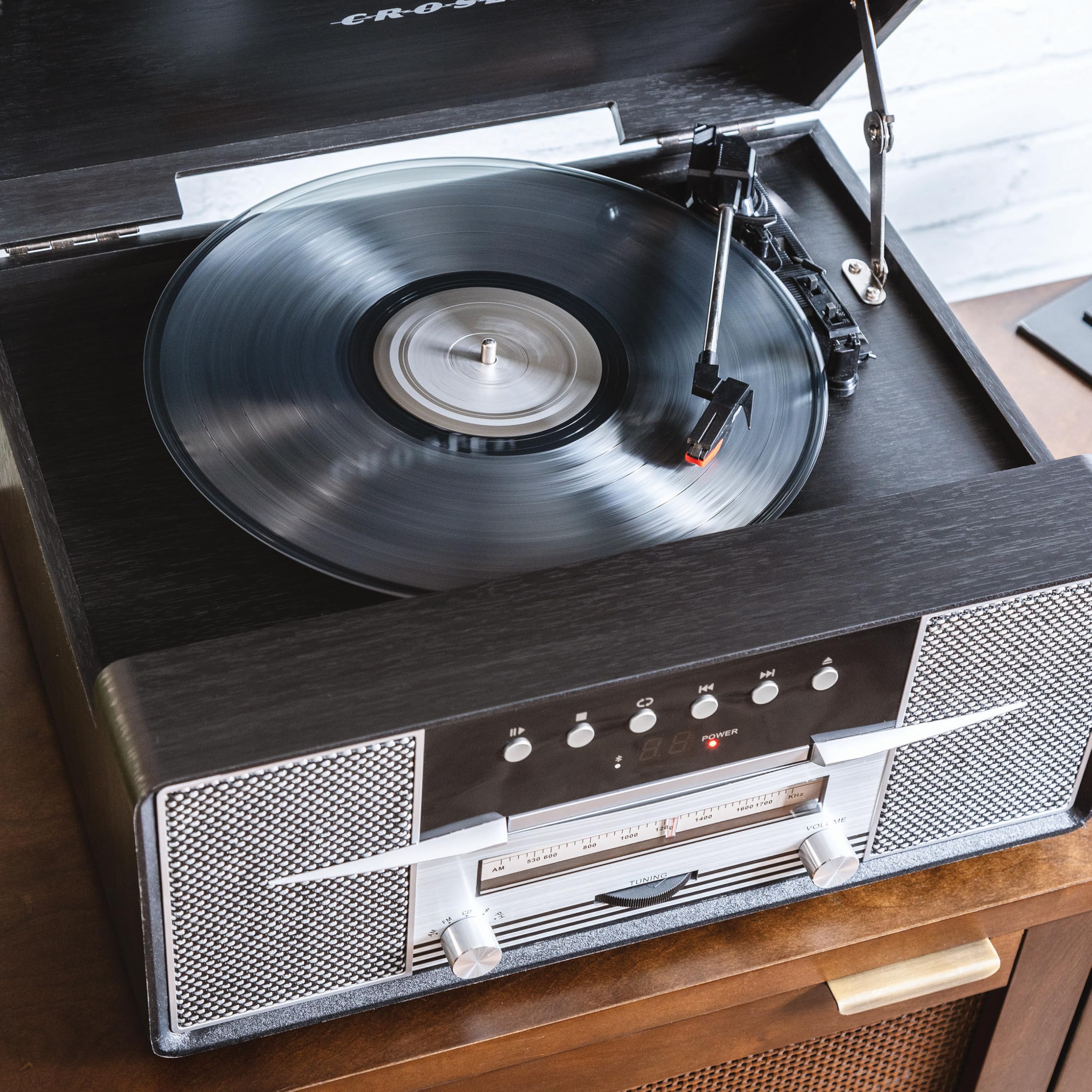 Crosley CR7016A-BK Rhapsody 7-in-1 Bluetooth 3-Speed Vinyl Record Player Turntable, CD Player, AM/FM Radio, Black - Image 3