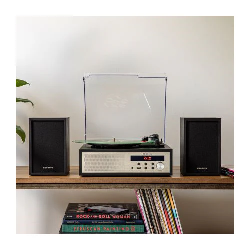 Crosley CR7022A-BK Sloane 3-Speed Bluetooth Turntable and FM Radio Shelf System with Matching Stereo Speakers, Black - Image 4