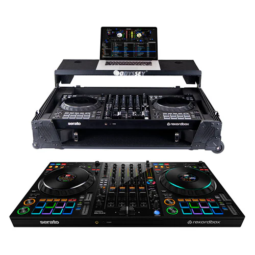 Pioneer DJ DDJ-FLX10 + Odyssey 810GSFLX101UM2 I-Board 1U Flight Case with Glide Style Laptop Platform and Wheels