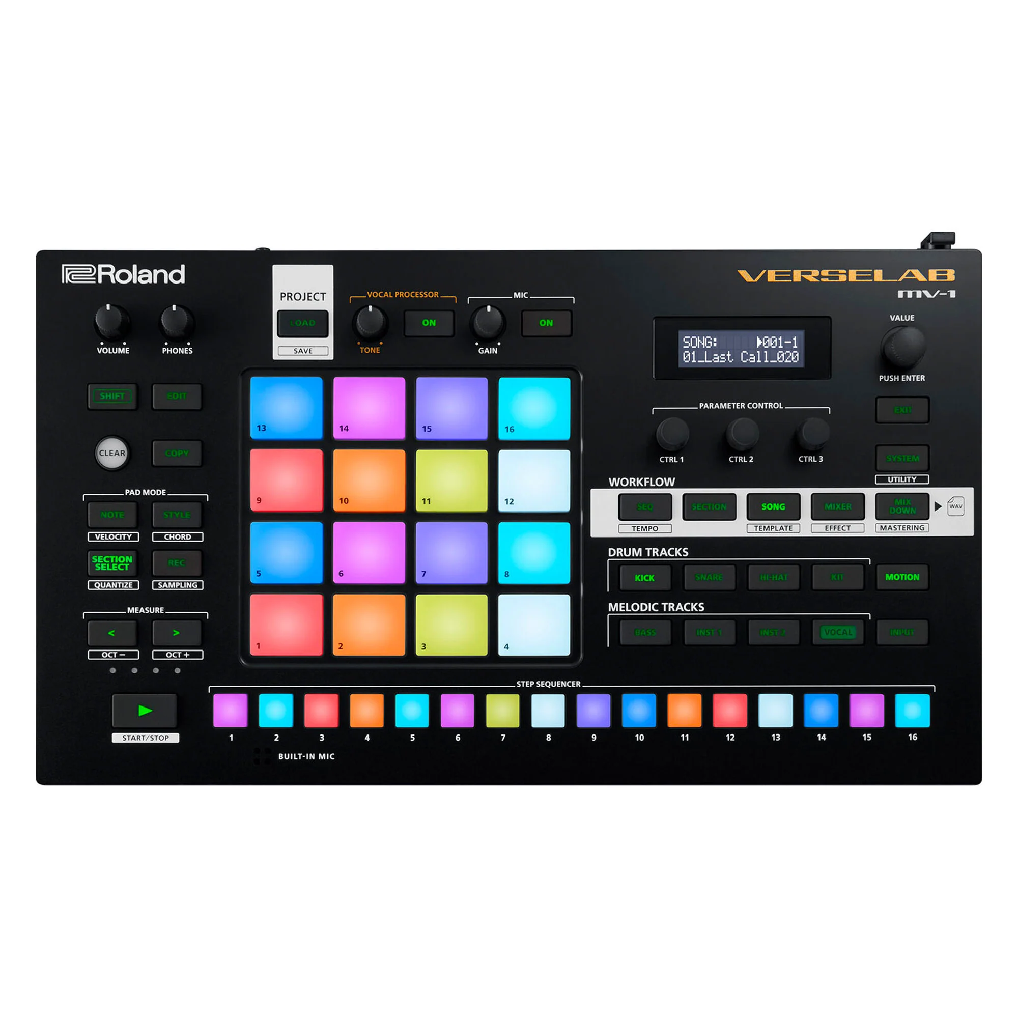 Roland VERSELAB MV-1 ZEN-Core Professional Song Production Studio for Songwriters and Singers. 4x4 pads and TR-REC Step Sequencer for drums, basslines, and melodic parts. - Image 2