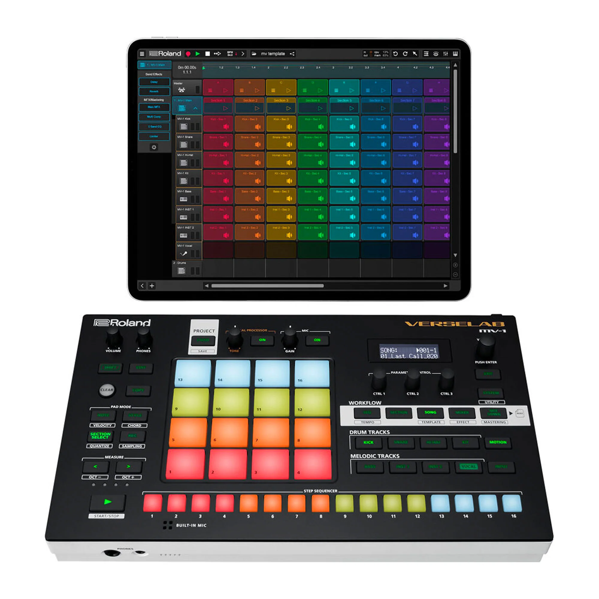 Roland VERSELAB MV-1 ZEN-Core Professional Song Production Studio for Songwriters and Singers. 4x4 pads and TR-REC Step Sequencer for drums, basslines, and melodic parts. - Image 7